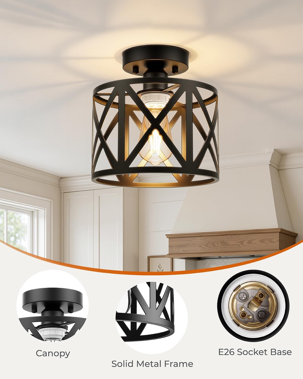 Detalle 2 de BLNAN 00 316 Semi-Flush Ceiling Light, 8-Inch Matte Black Metal Cage, E26