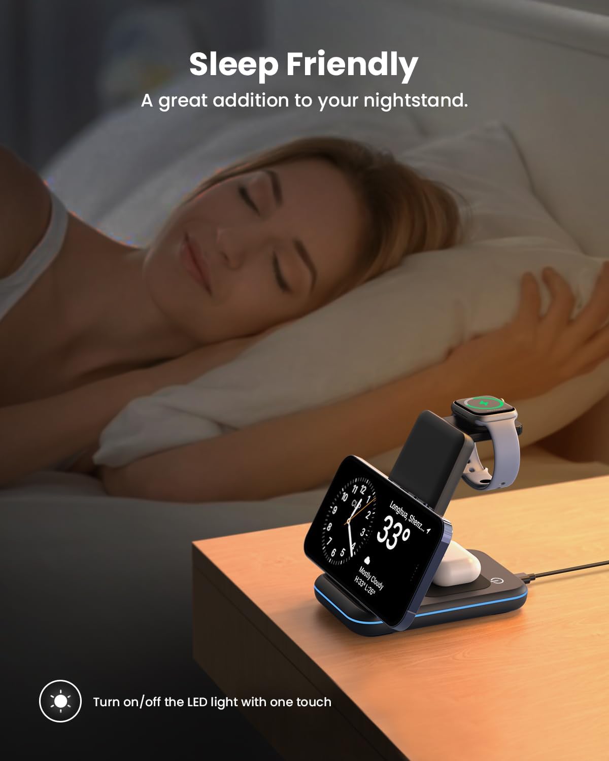 Detalle de GEEKERA 3-in-1 Wireless Charging Station for iPhone, Apple Watch and AirPods (Carbon Black)