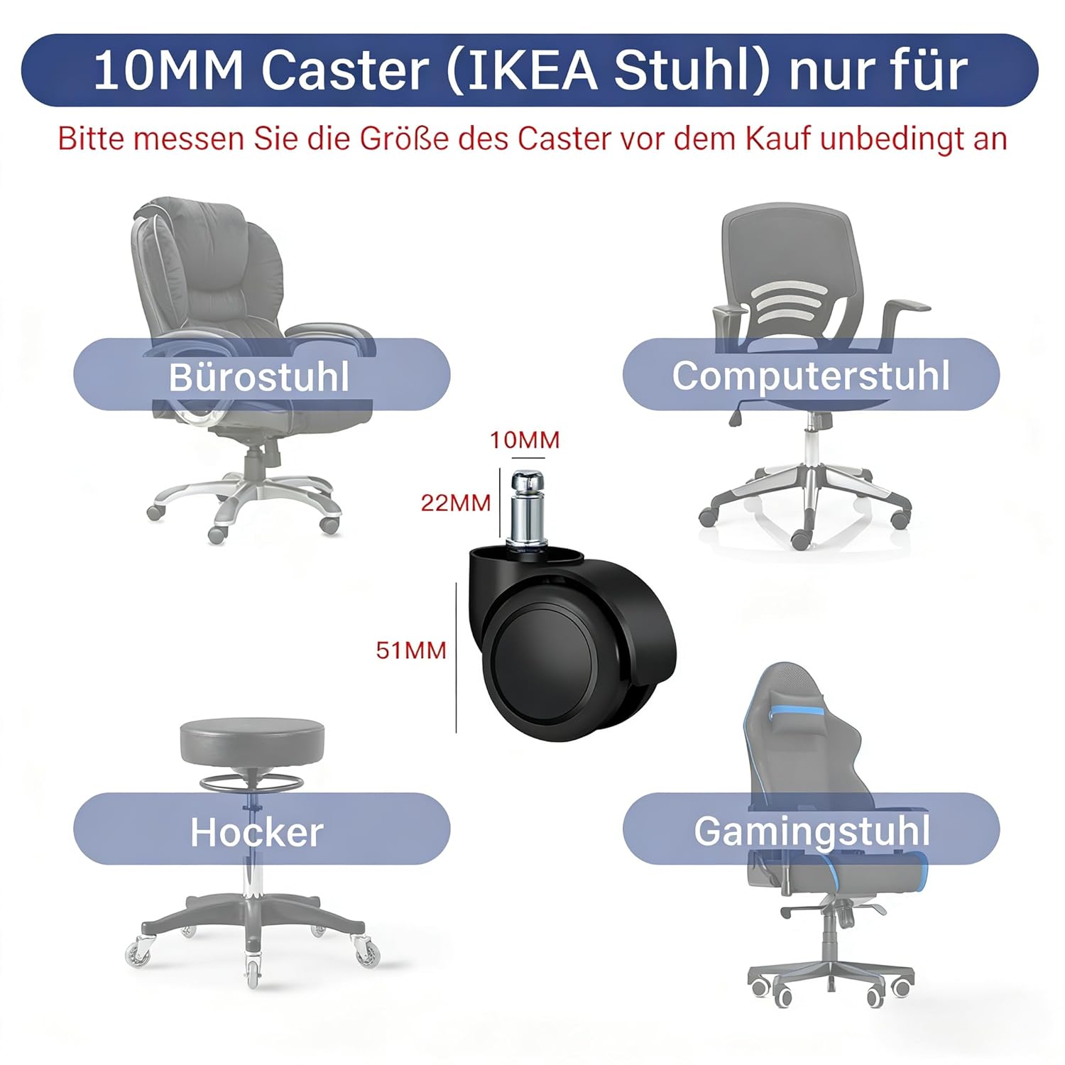 Thumbnail 2 de bürostuhl Rollen (5er Set) – 10 mm / 22 mm Ersatz-Hartbodenrollen für Gaming-Stühle, Drehstühle und Bodenschutz