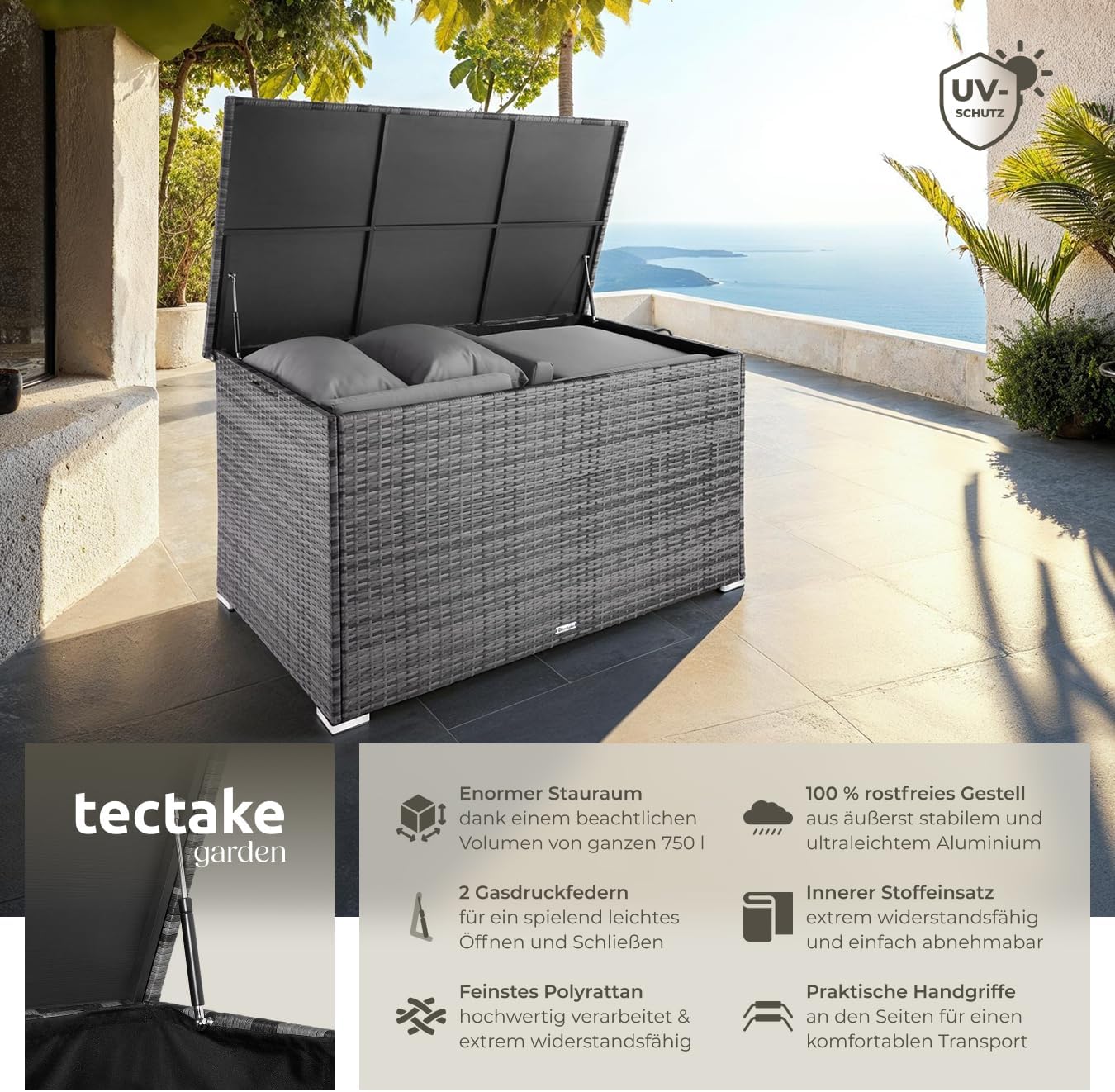 Thumbnail 1 de tectake Aluminium-Polyrattan Aufbewahrungsbox 750L – wetterfest, rostfrei, mit Deckel und Gasdruckfedern
