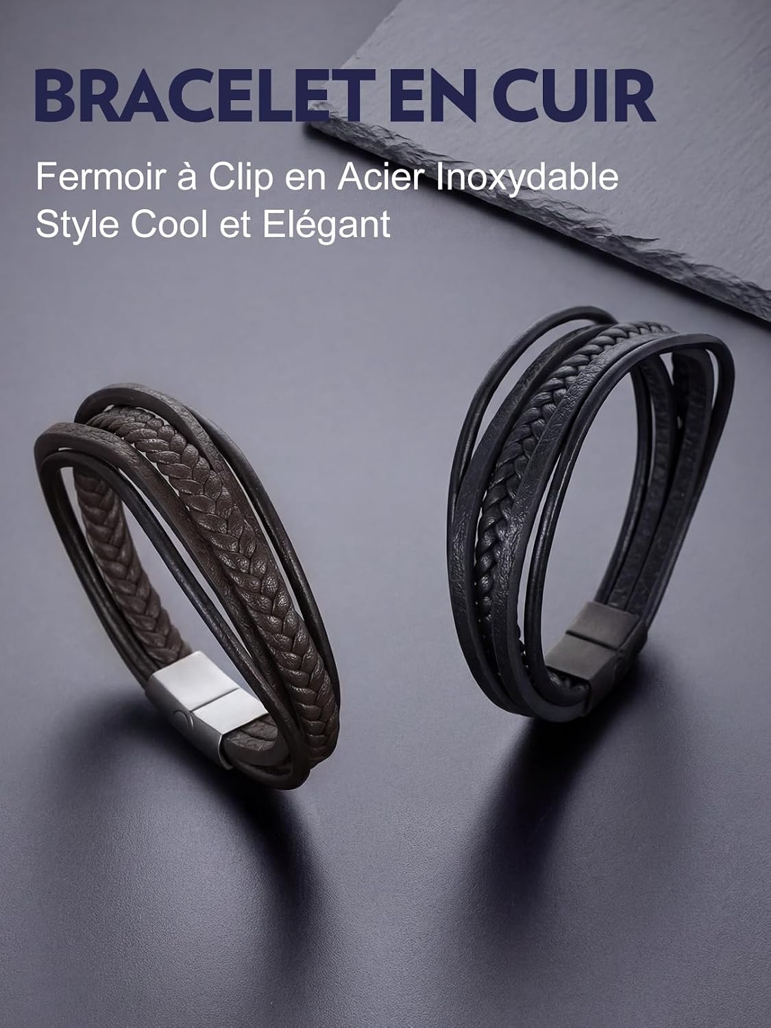 Thumbnail 6 de Bandmax Bracelet Homme Cuir Tressé Noir/Marron – Bracelet Multi-Rang Tissé avec Fermoir Magnétique, 3 Longueurs Disponibles
