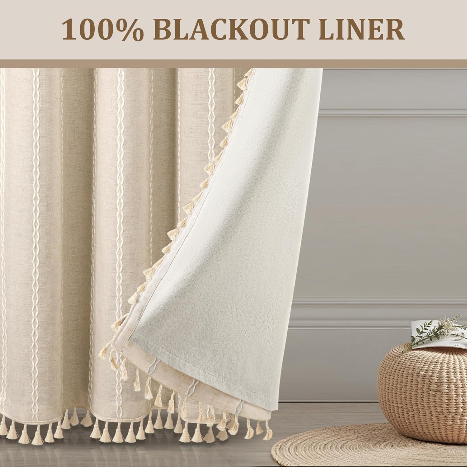 Thumbnail 6 de XOGUIBO Boho Blackout Curtains (2 Panels, 84 Inch) Beige Linen Texture with Tassels