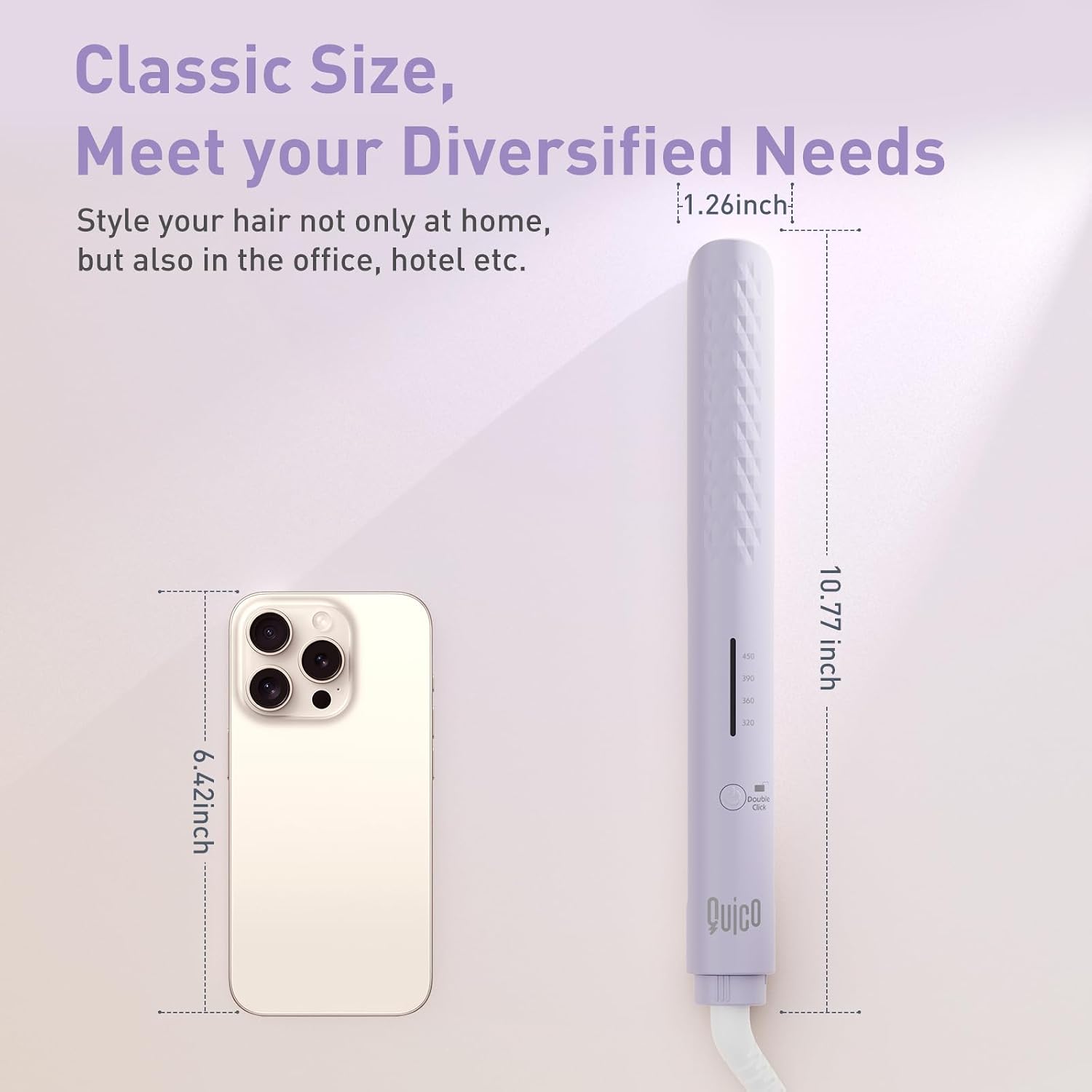 Detalle de Quico HC102A Lilac Hair Straightener, Dual Voltage with Ceramic Plates