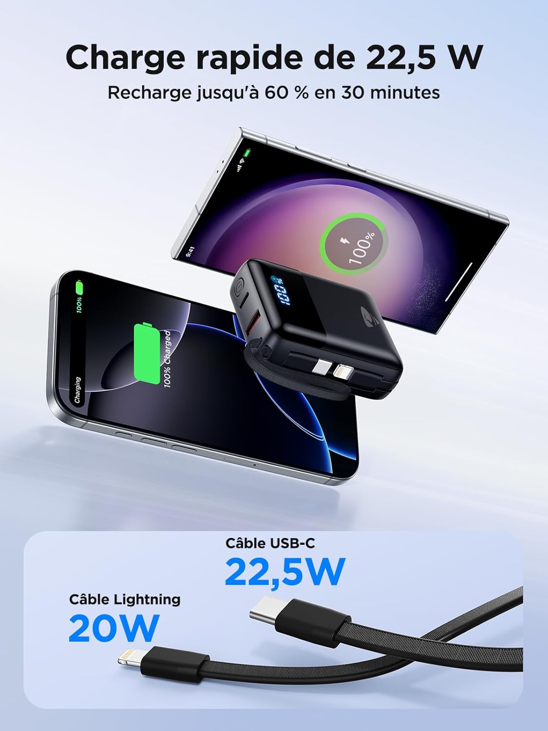 Thumbnail 3 de Batterie Externe Aioneus 10000 mAh avec 2 câbles intégrés – Charge rapide PD 20–22,5 W