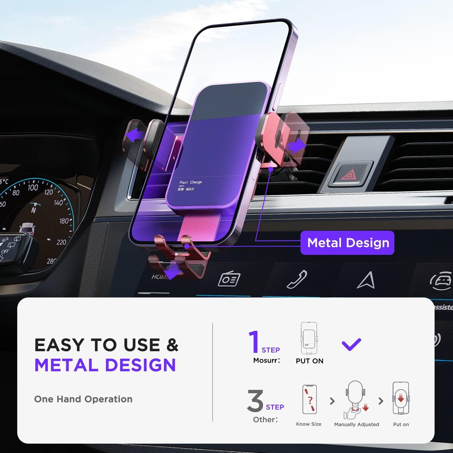 Detalle 1 de MOSURR 15W Wireless Charging Car Phone Holder with RGB Backlit Auto-Clamp (Red)