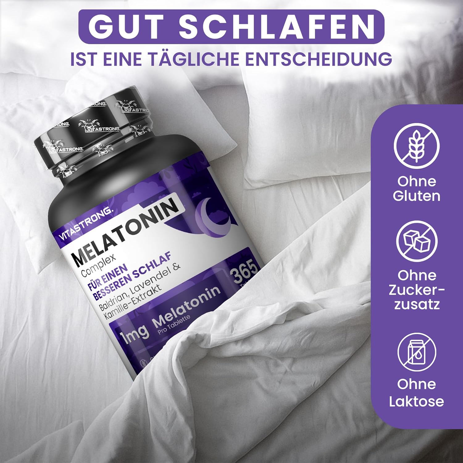 Thumbnail 6 de Vitastrong Melatonin Komplex 365 Mikro-Tabletten – Hochdosiertes Schlafhilfe mit Kamille, Baldrian, Lavendel & Vitamin B6