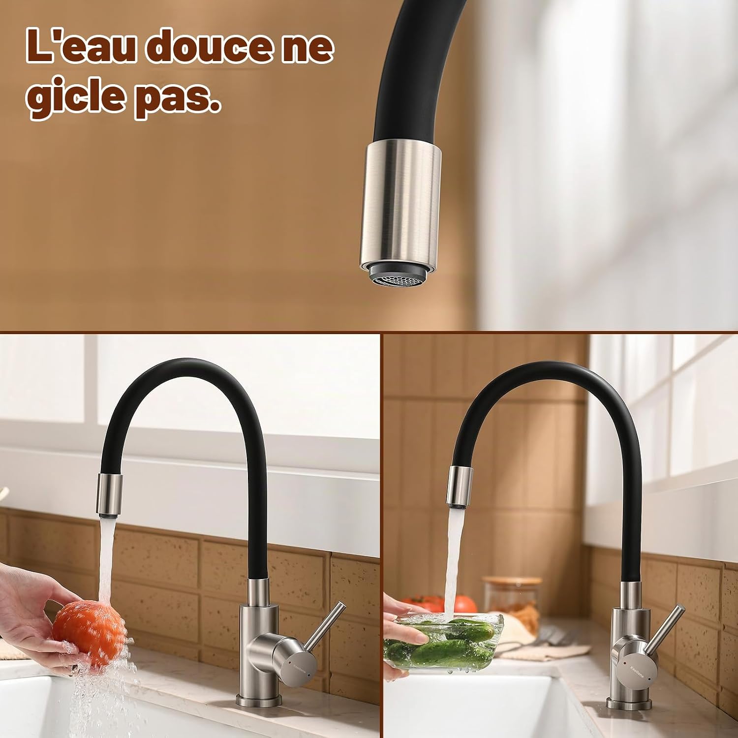 Detalle 2 de KeeGone KGKF013AS1-EU keukenkraan met flexibele handdouche, chroom en 360° draaibaar