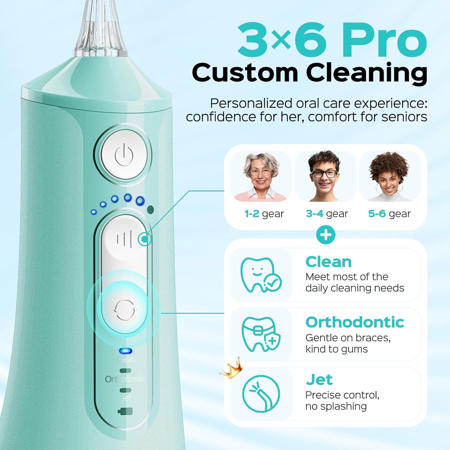 Thumbnail 6 de COSLUS C51 Portable Water Flosser: 3 Modes, 6 Settings, Jet Mode, 300ML Tank, Built-In Nozzle Storage – Travel-Friendly Orthodontic Care