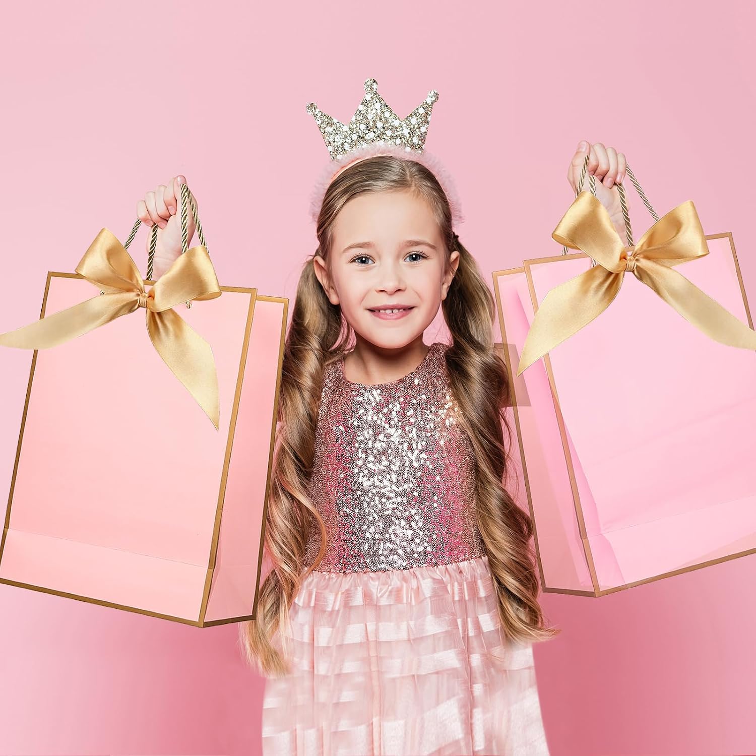 Detalle 2 de ZJHiome Gift Bags for Presents (2-pack) – Medium Pink & Gold Paper Gift Bags with Bow, Tissue & Cards