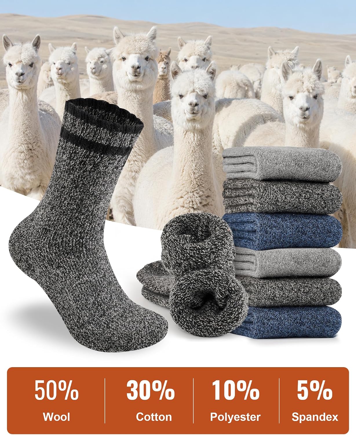 Detalle 1 de pandaplay Wool Thermal Crew Socks, 50% Wool, Fully Cushioned, 3 Pairs