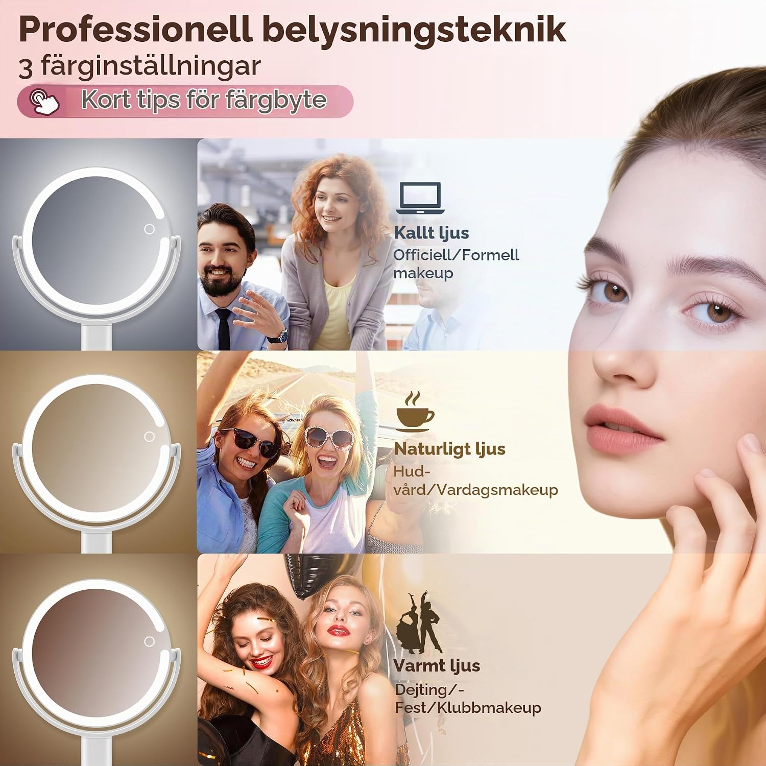 Detalle de MOMOKUBA sminkspegel med belysning, 1x/30x förstoring och justerbar höjd