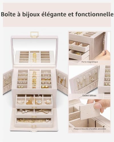 Detalle de VLANDO Grande boîte à bijoux à 4 niveaux avec miroir et 8 crochets