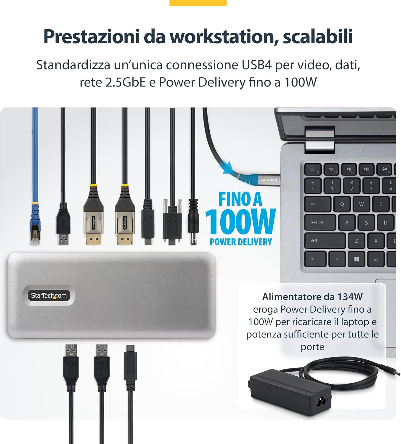 Detalle de StarTech Dock USB4 Universale Doppio: Dual 4K/Single 8K con 100W PD per multi-monitor