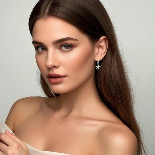 Detalle de Aliyoham Silver-Plated Starfish Hoop Earrings with Cubic Zirconia