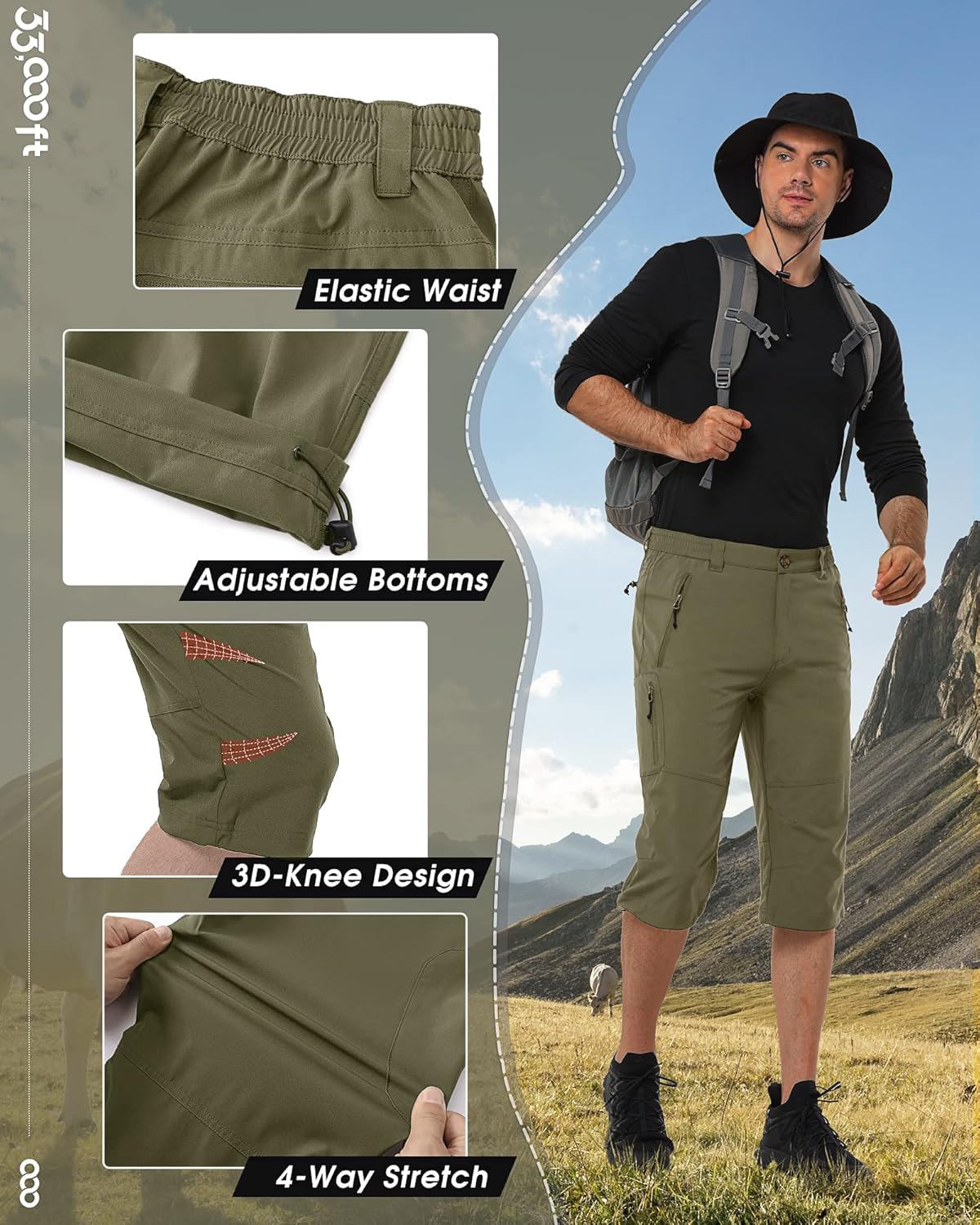 Detalle de 33,000ft Herren 3/4 Hose Cargo Shorts – leichte Allround-Outdoorschuhe mit UPF 50+