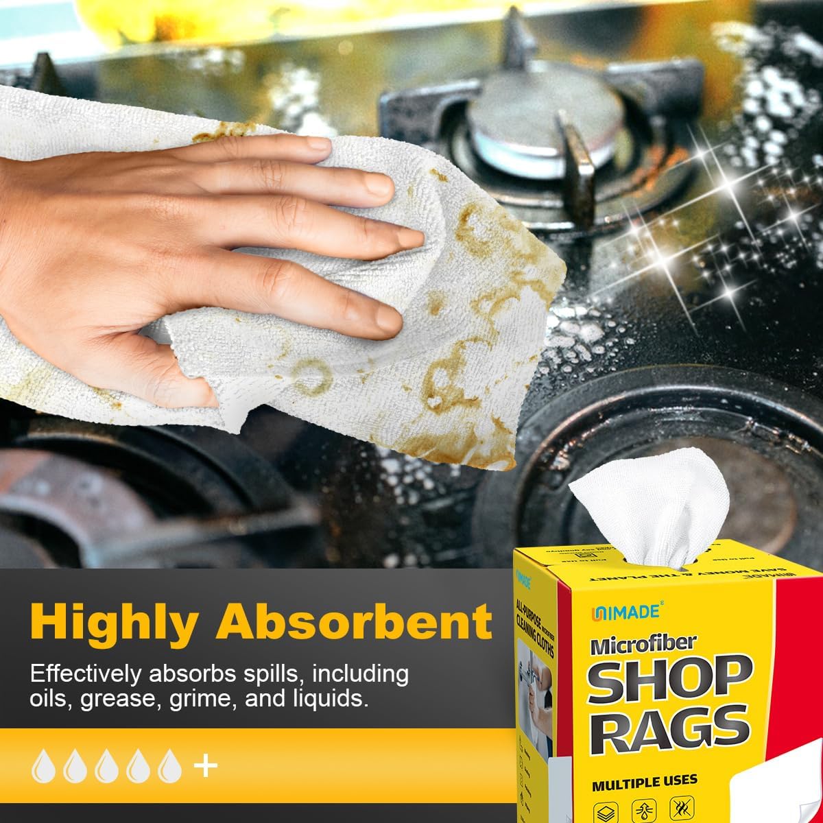 Detalle de UNIMADE Shop Rags (100 Sheets) Microfiber Cleaning Cloths, Lint-Free Bulk Towels