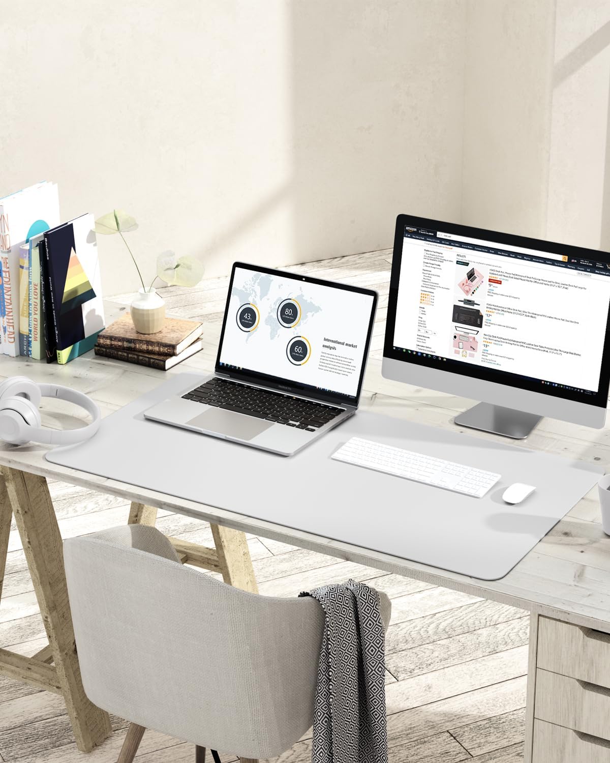 Detalle de YSAGi Non-Slip Desk Pad 90 x 43 cm (White) – Waterproof PVC Leather Desk Protector