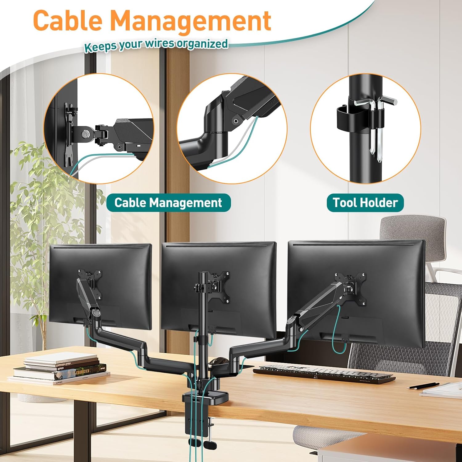 Thumbnail 3 de ELIVED Triple Monitor Arms – Adjustable Gas Powered Desk Mount for 3 Monitors (VESA 75x75/100x100, 13–27 inch)