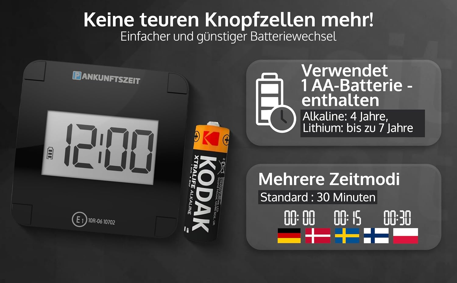 Detalle de parkzeit NEW 2026 Elektronische Parkscheibe (automatisch, KBA-zugelassen) mit 1× AA-Langlaufbatterie