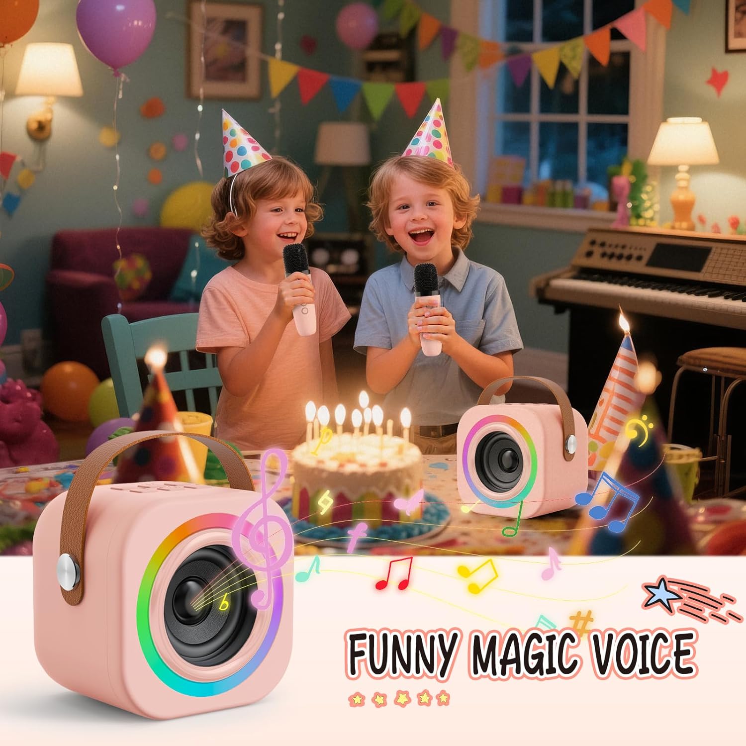 Detalle de Mini Karaoke Machine for Kids with 2 Wireless Mics – Fun, Safe Home Karaoke for Ages 3–12