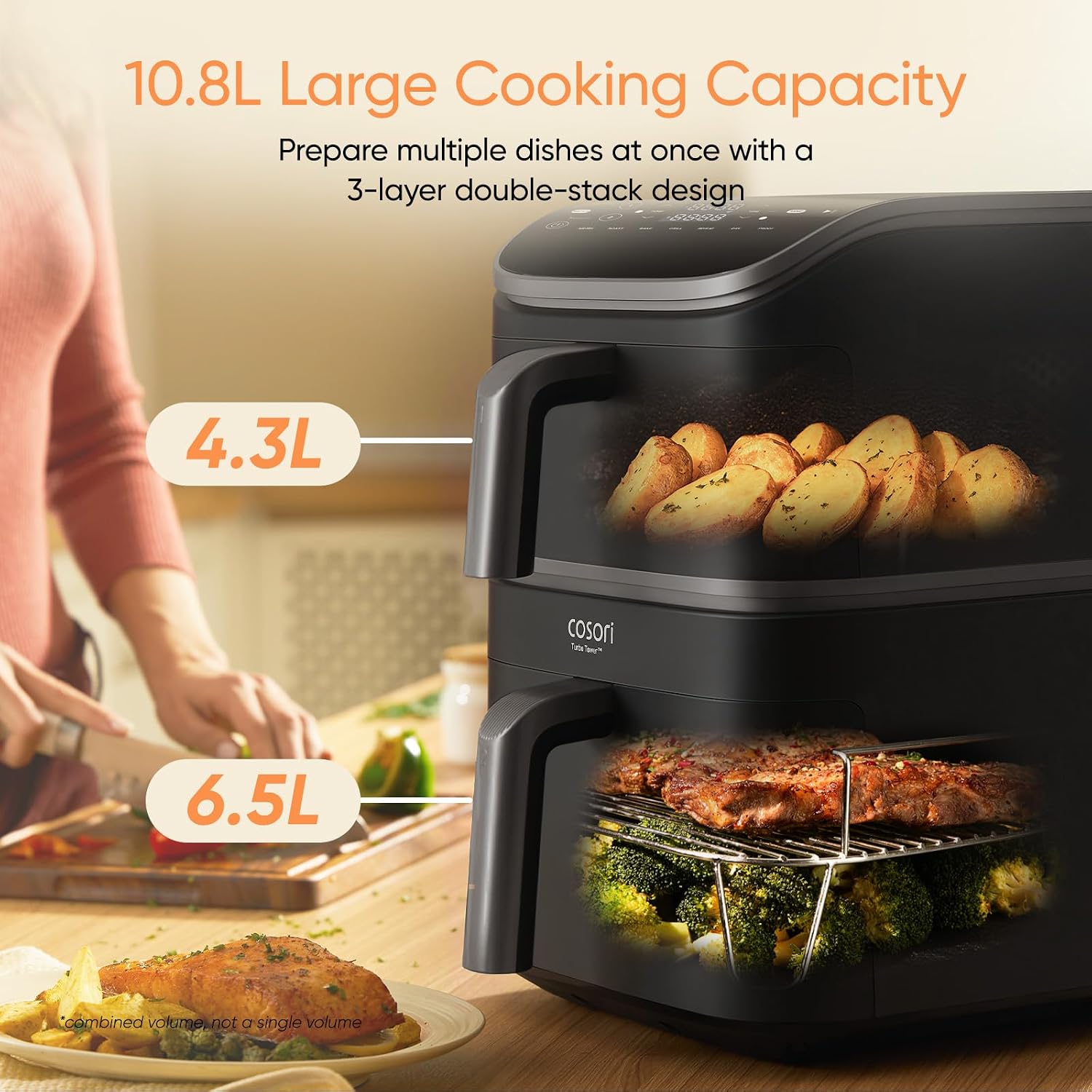 Detalle de Cosori TurboTower Dual Air Fryer 10.8L (Space-Saving Double Stack) – Dual zone tower air fryer for full meals