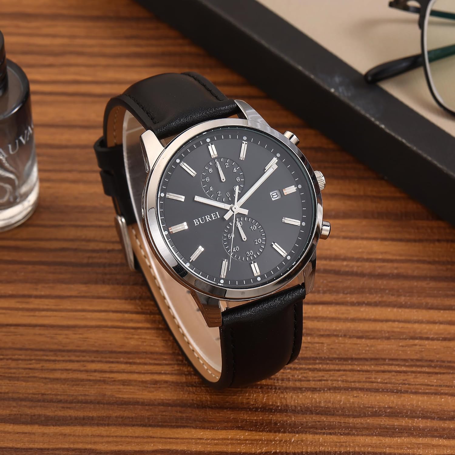 Thumbnail 3 de BUREI Herren Chronograph Uhr Blau Leder