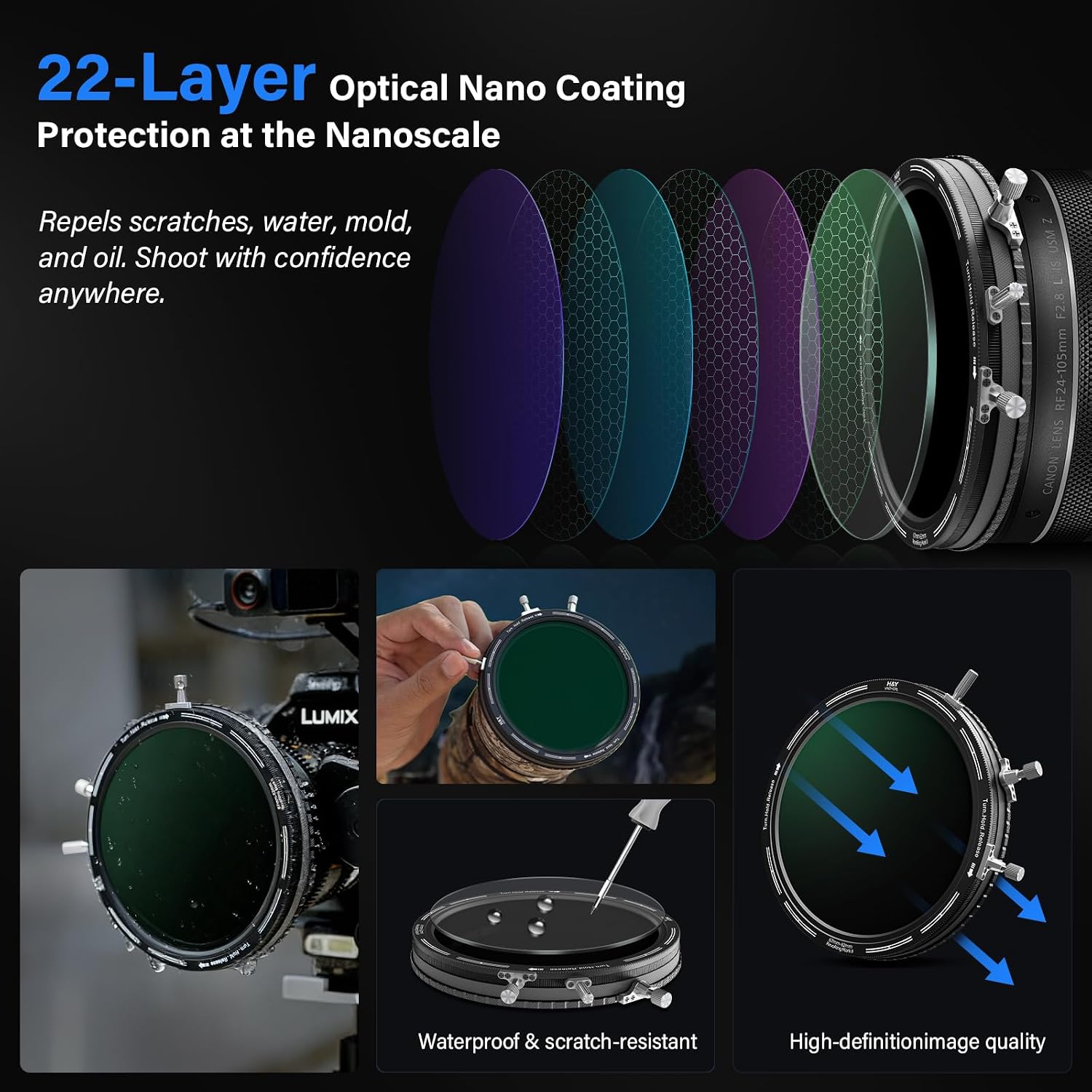 Detalle de H&Y RevoRing Mark II 67-82mm: Adjustable 3‑in‑1 VND + CPL with Rapid-Switch