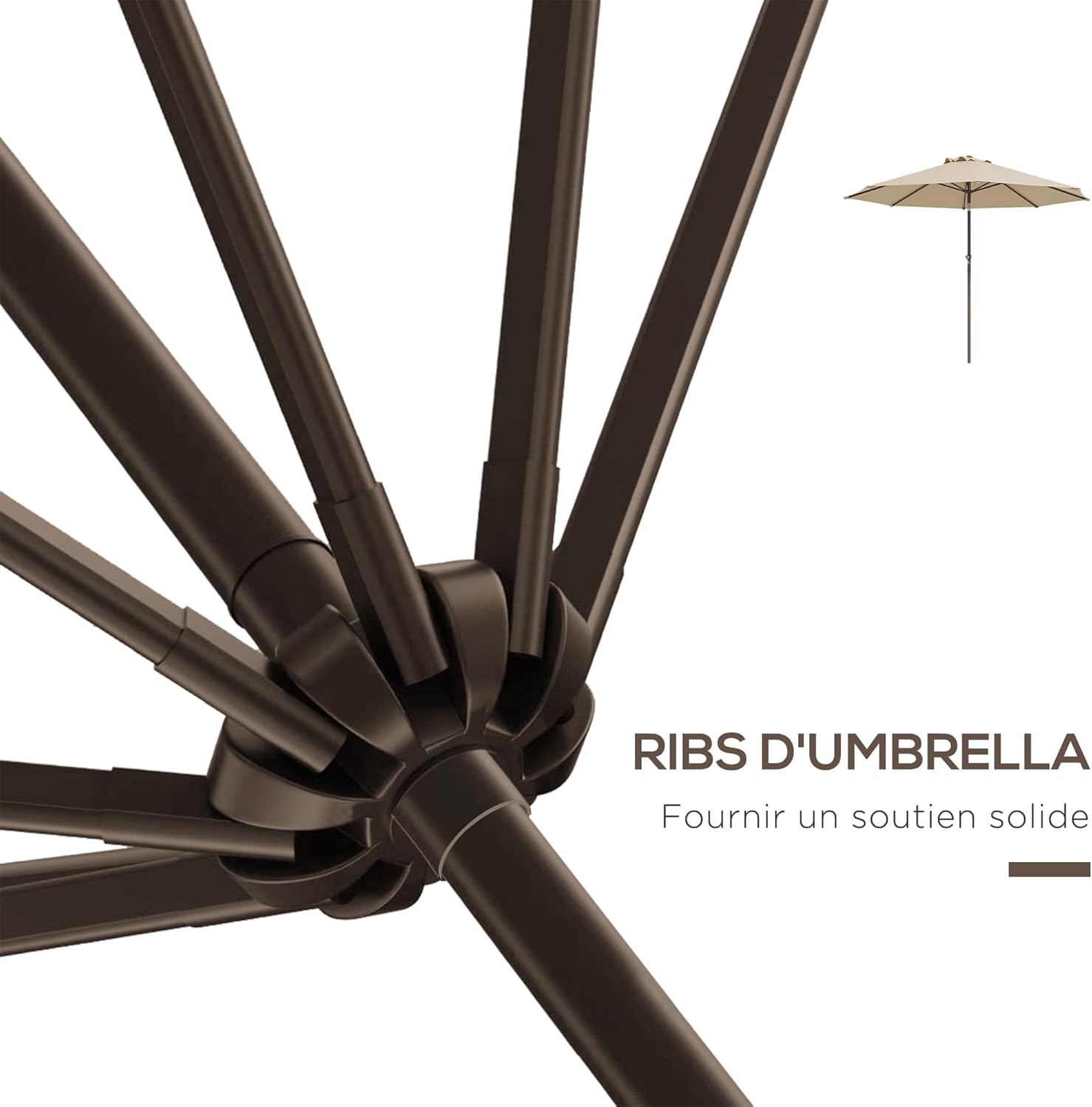 Thumbnail 5 de Outsunny Parasol de jardin droit Ø 2,63 m en métal, manivelle inclinable beige