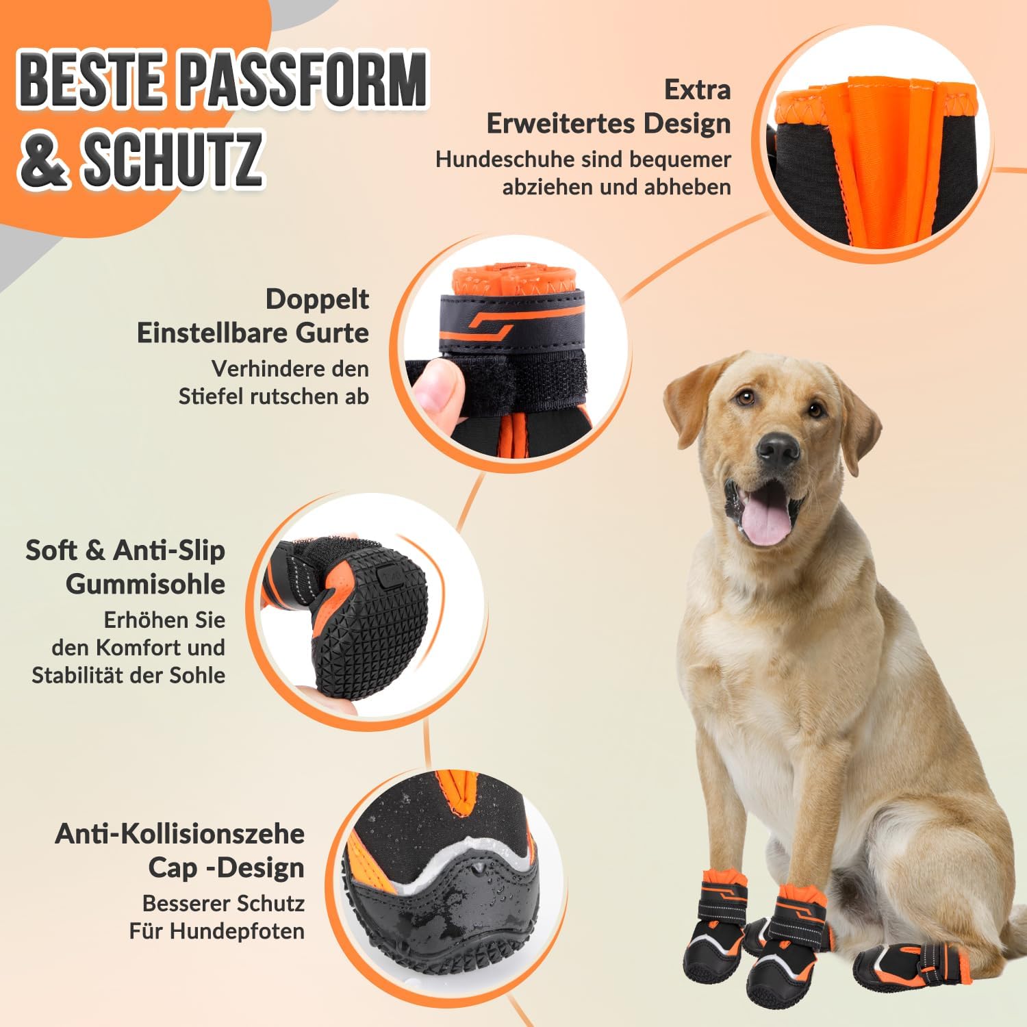 Detalle 2 de Eyein Hundeschuhe Pfotenschutz (2 Stück) wasserabweisend, rutschfeste Sohle, reflektierender Klettverschluss – Größe 4, Orange