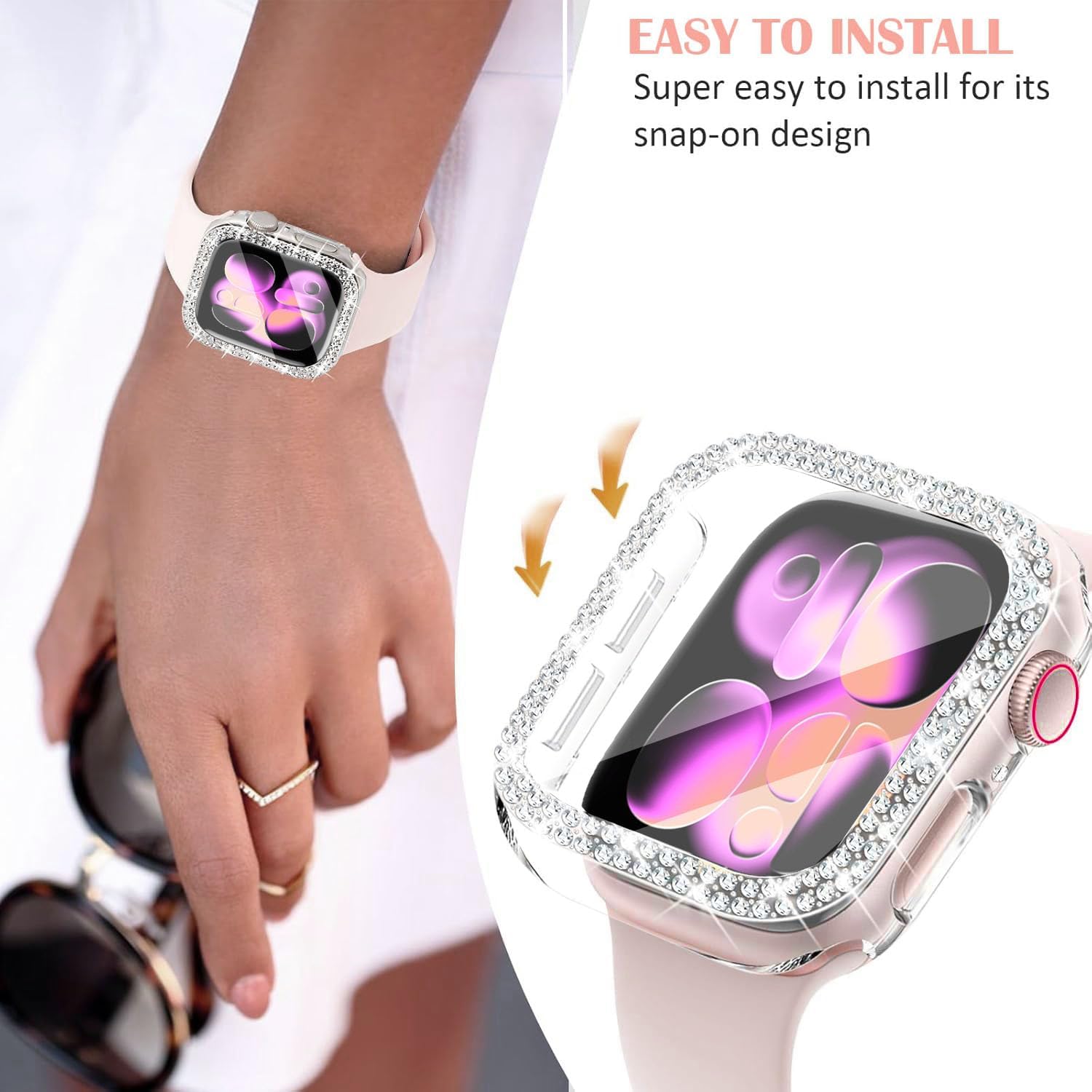 Thumbnail 6 de DEALELE 2-Pack Tempered Glass Case for Apple Watch Series 10 (46mm) with Bling Double-Row Diamond Design