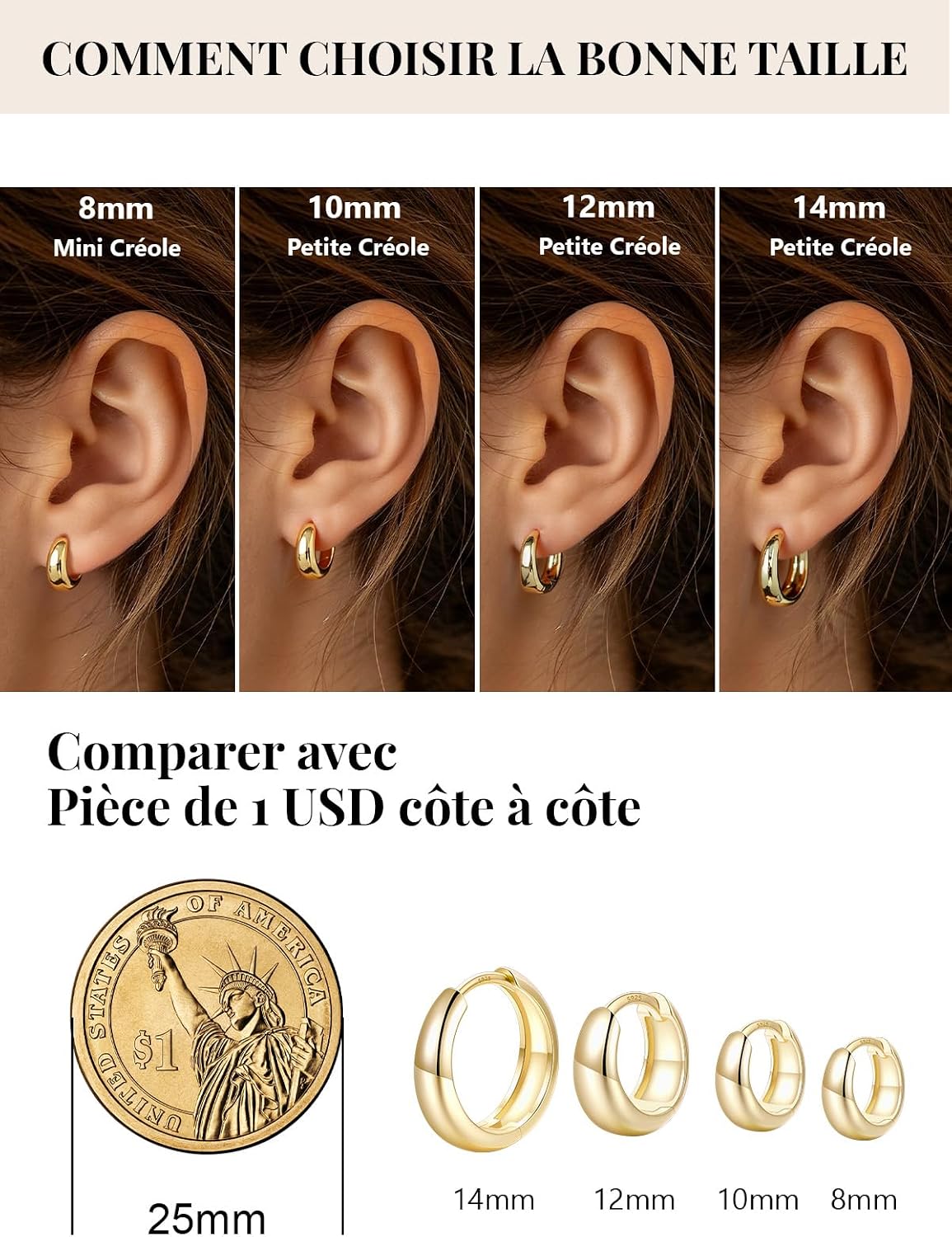 Detalle de Silvora Petit Créoles Argent 925 – Créoles mini 8–14 mm, or/noir, argent/cuivre, emballage cadeau