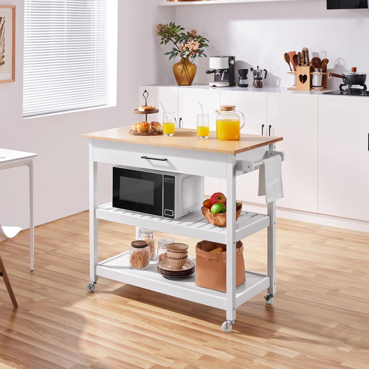 Detalle de Yaheetech YT-00099034-1 Kitchen Island Cart, White, Bamboo Top, Drawer