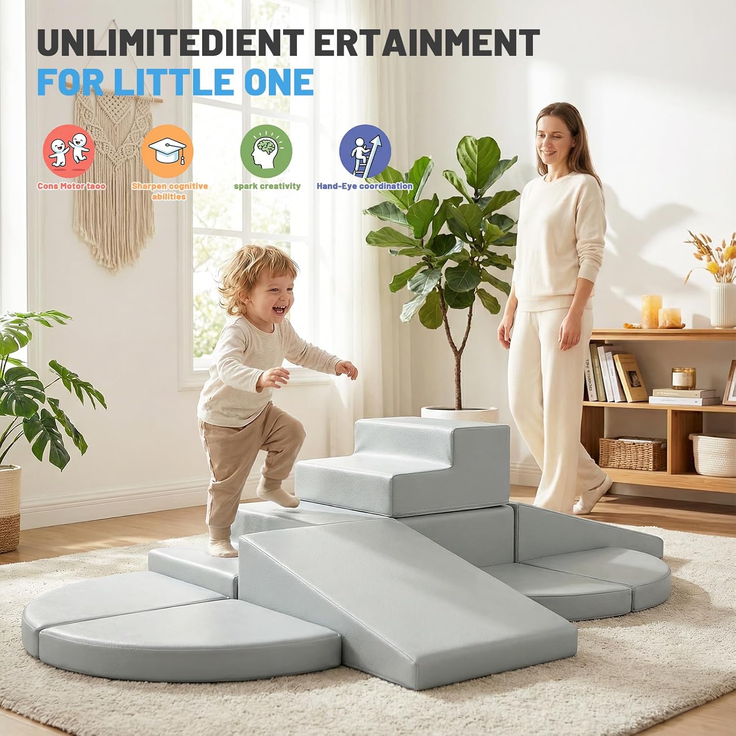 Thumbnail 3 de JungleDove Indoor Soft Play Set for Toddlers – 9-Piece Foam Climbing Blocks (Mouse Gray)