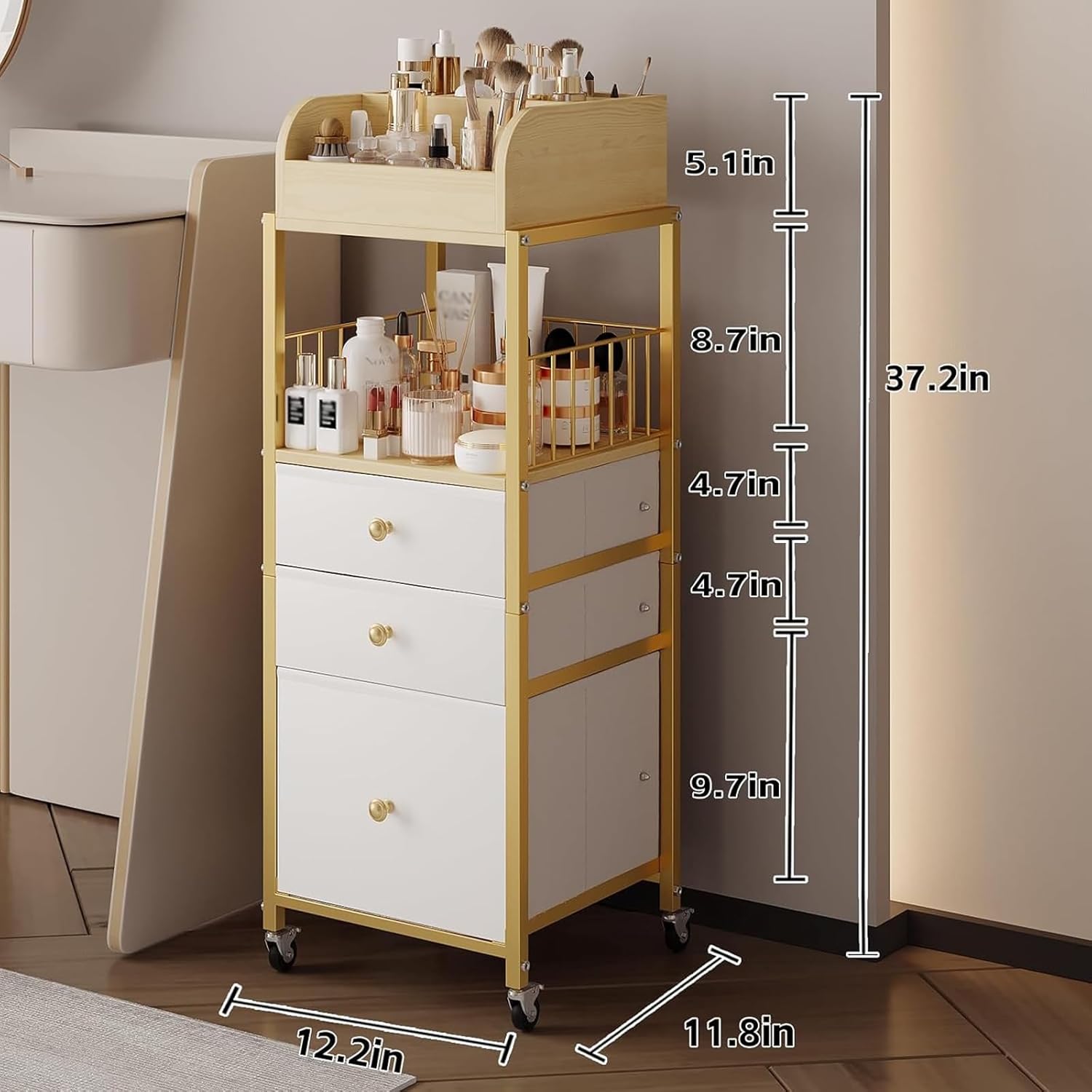 Detalle 2 de Makeup Organizer Cart with Drawers (Gold) for Floor Vanity Storage