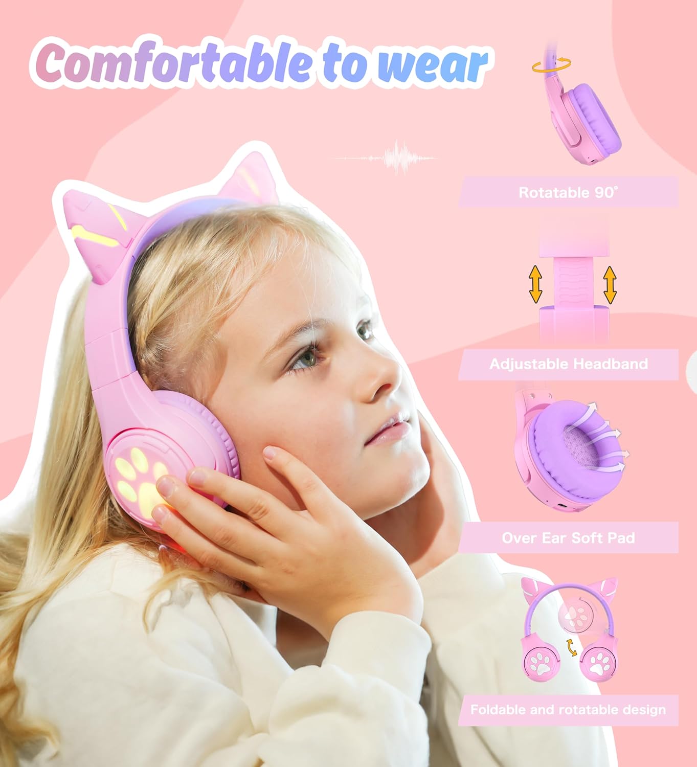 Detalle 2 de Riwbox CF9 Cat Ear Kids Bluetooth Headphones with LED, 85dB Safe Volume Limit, Built-in Mic (Purple)