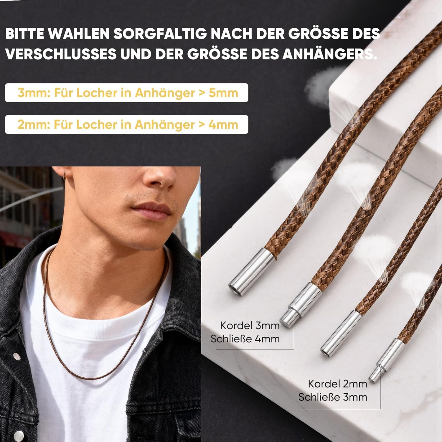 Thumbnail 4 de VNOX Leder-Halskette für Herren & Damen mit 316L-Edelstahlverschluss – 2/3 mm, Braun/Schwarz, 40–55 cm