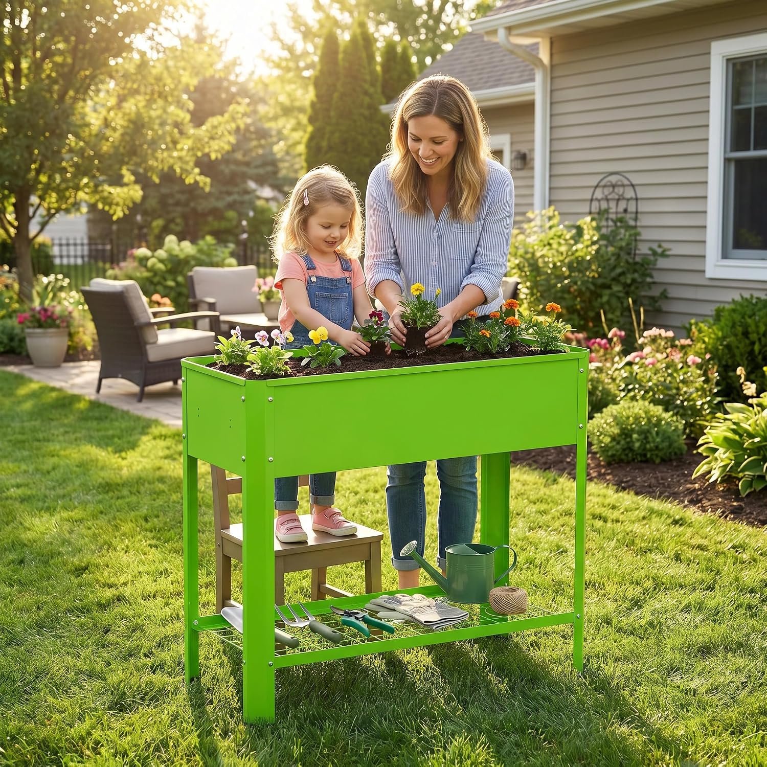 Detalle de UISEBRT Raised Bed with Shelf, Green Metal Planter, 80 x 35 x 80 cm