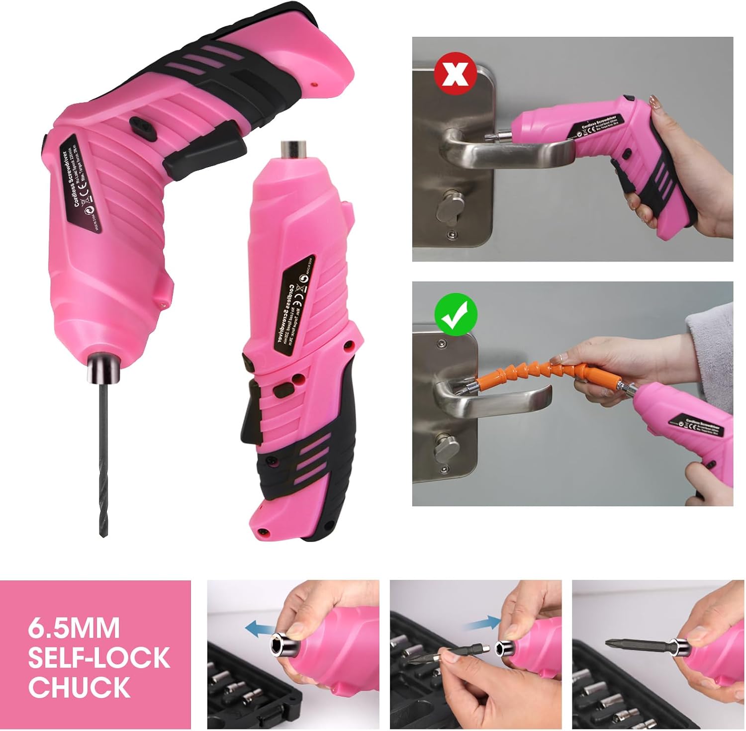 Detalle de Electric Drill Screwdriver 49-in-1: Portable Cordless Set with LED, 2-Position Handle and USB Charging