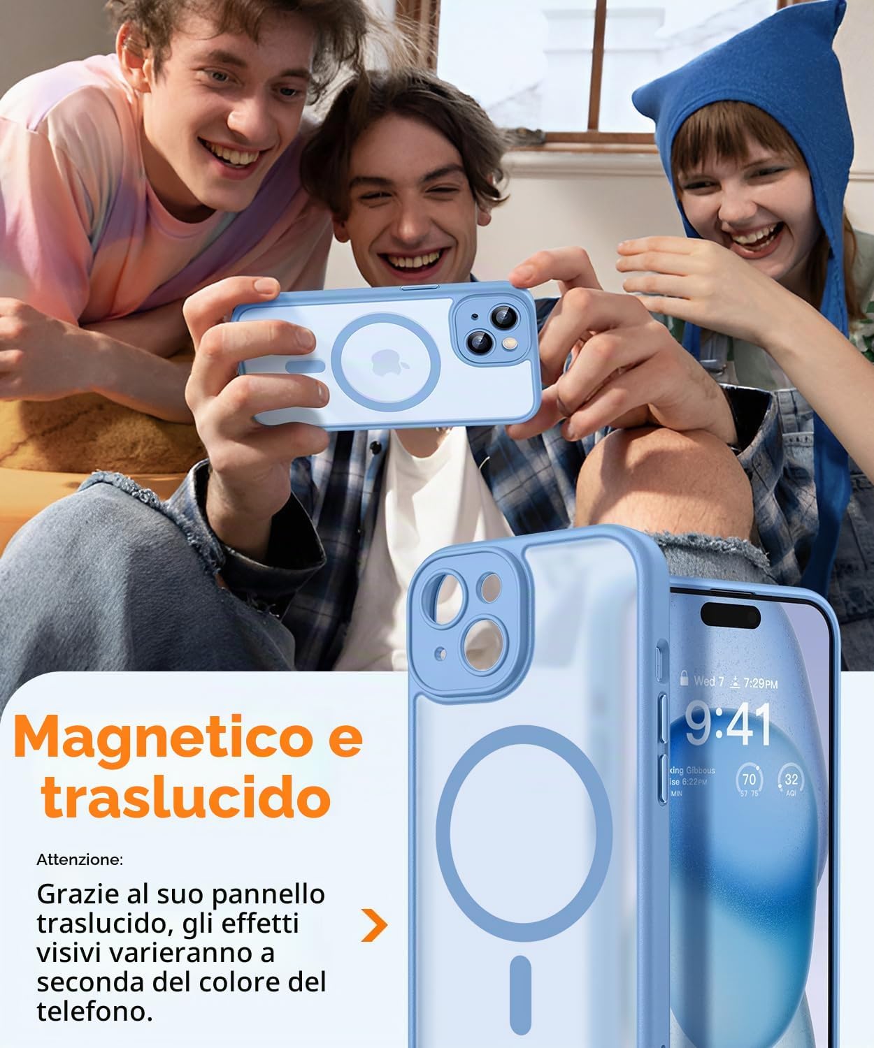 Detalle de CANSHN Cover Magnetica per iPhone 15 – Protezione completa fotocamera, TPU/PC, Azzurro