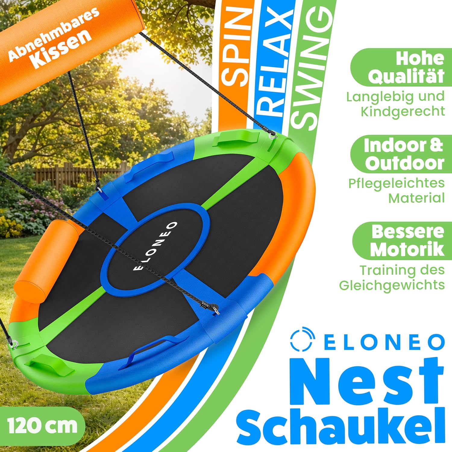 Thumbnail 1 de ELONEO Nestschaukel Outdoor & Indoor mit 120 cm Durchmesser – höhenverstellbare Tellerschaukel bis 300 kg