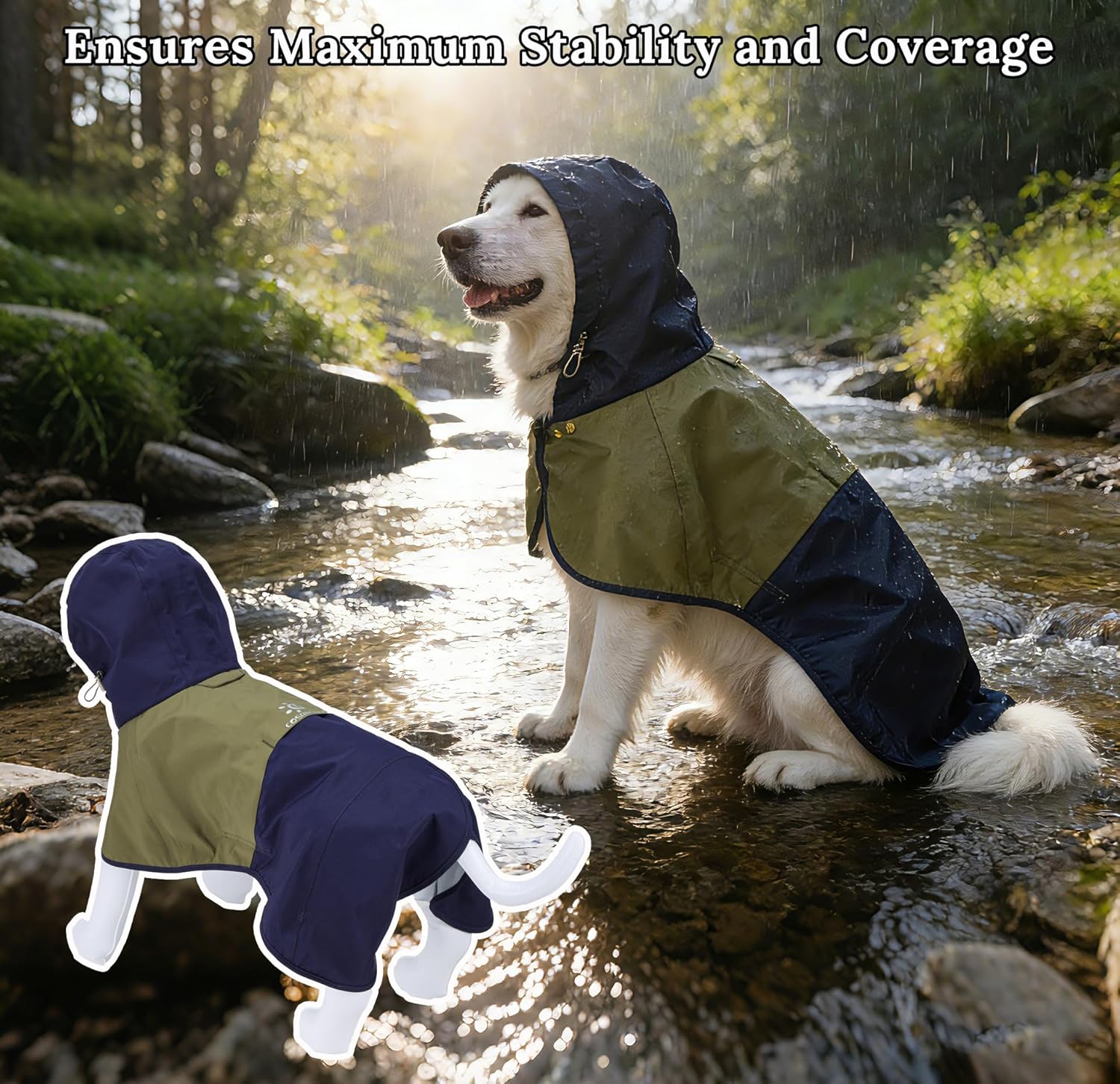 Detalle de Dog Raincoat: Waterproof Coat with Adjustable Hood & Elastic Leg Straps (Size M)