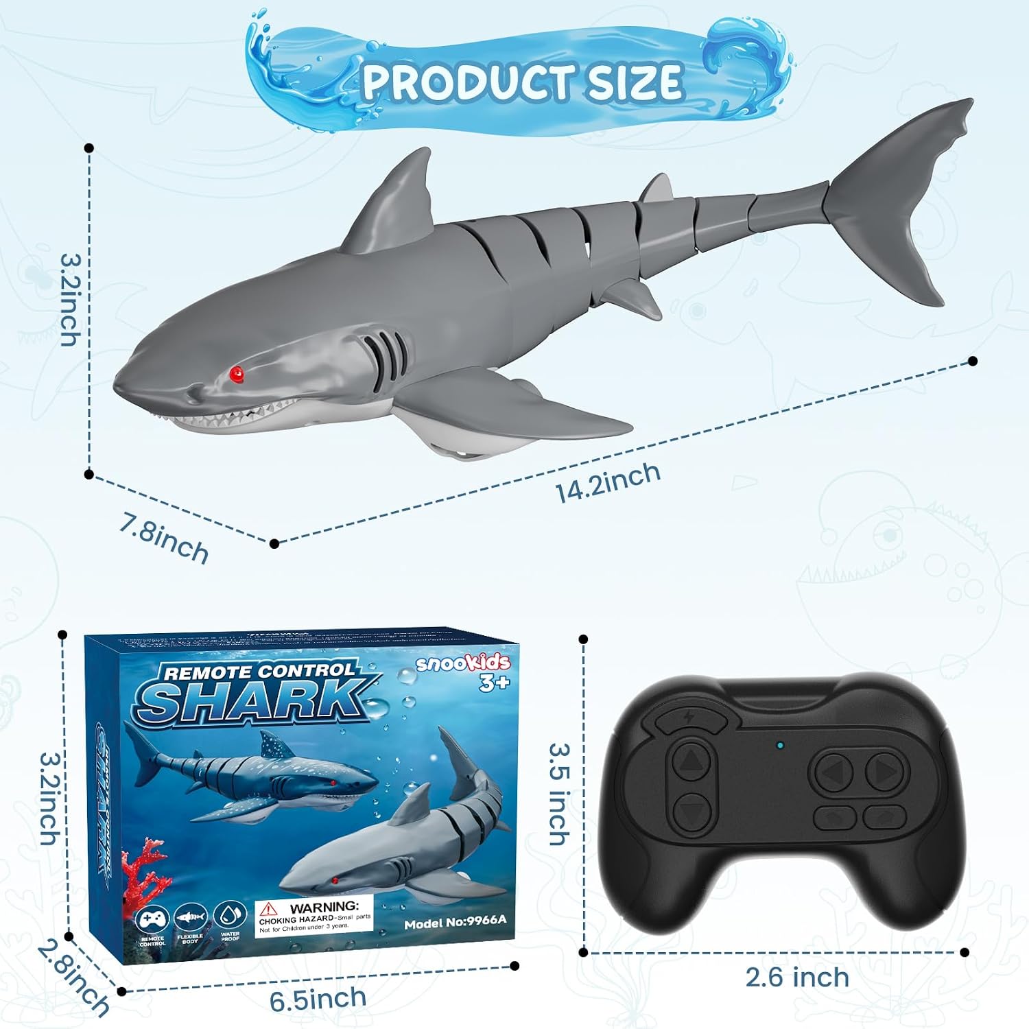 Detalle 1 de snookids 9966A RC-haai voor het zwembad met 2,4 GHz-besturing en ledogen
