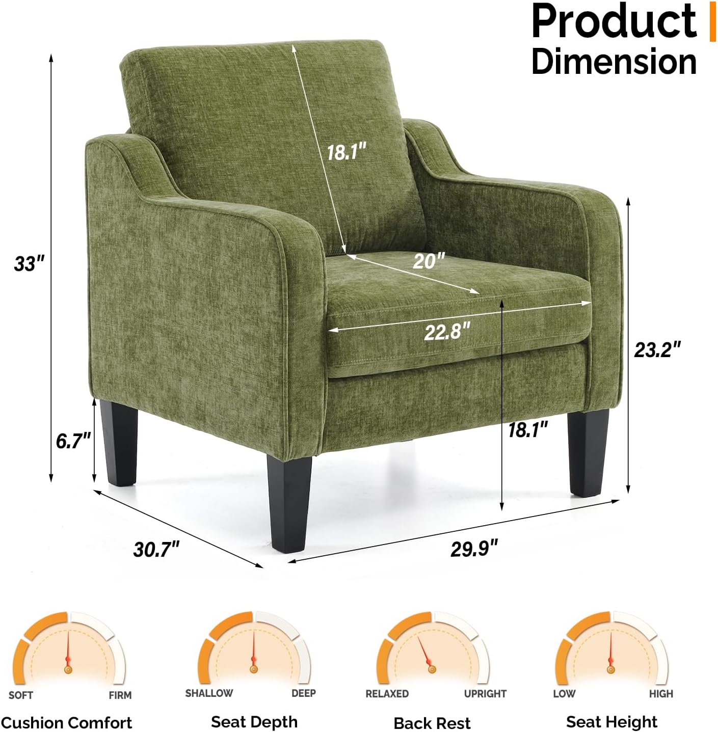 Thumbnail 2 de VINGLI Olive Green Accent Chair – Mid Century Modern Upholstered Reading Chair