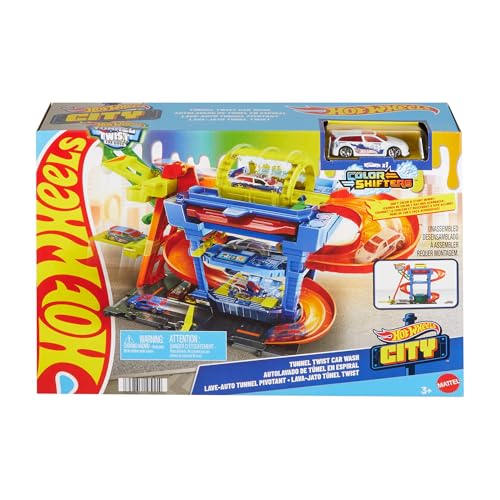 Detalle de Hot Wheels City «Let's Race - ¡a correr!», Túnel de lavado en espiral con Color Shifter y 1 vehículo