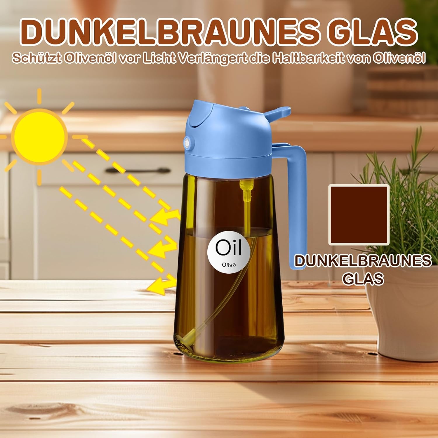 Detalle 2 de YARRAMATE 470 ml Ölsprüher zum Kochen (2-in-1) mit UV-Schutz, bernsteinfarbenem Glas und Sprüh-/Gießfunktion