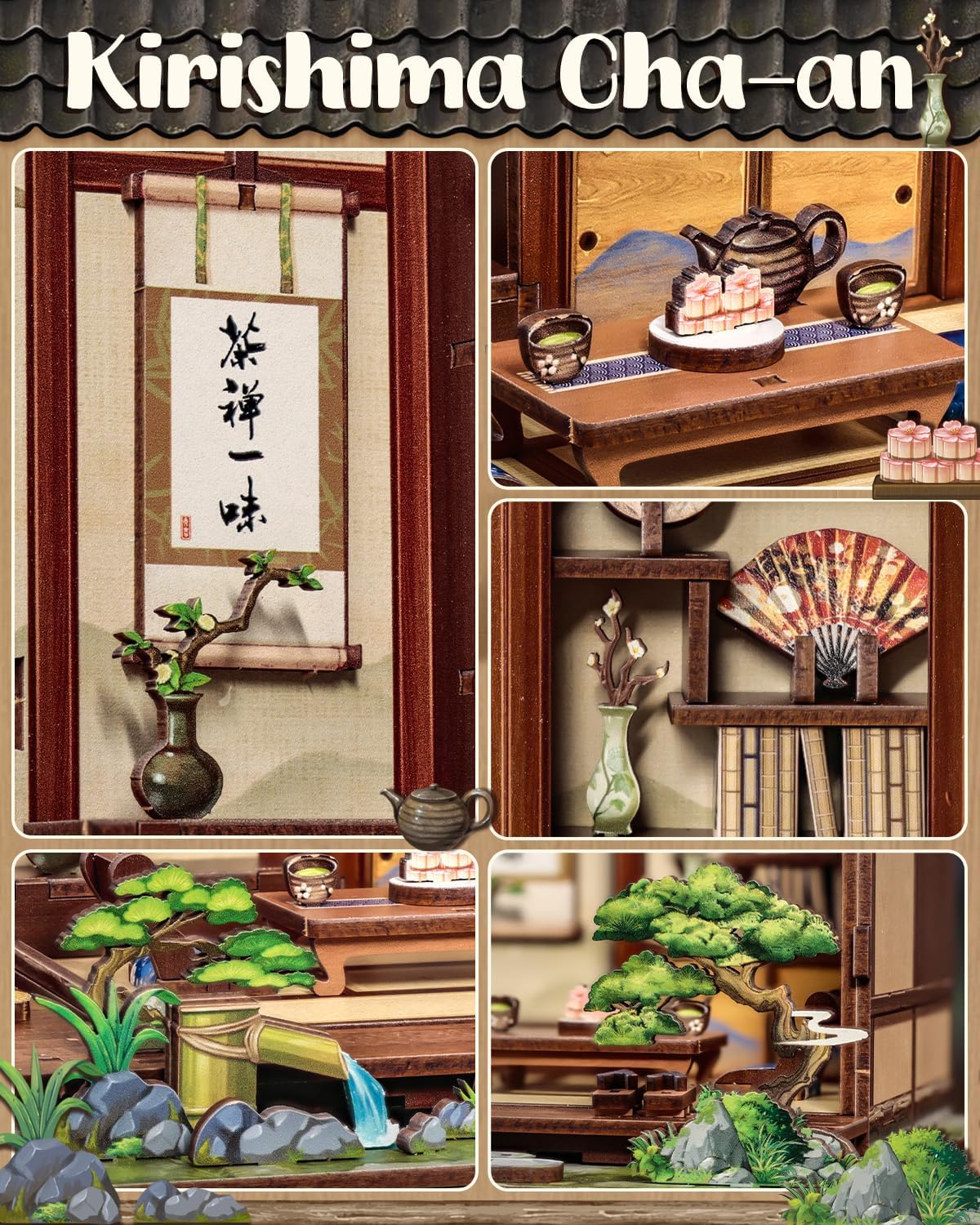 Detalle 2 de Book Nook Kit – Kit de Miniature de Salon de Thé Japonais à assembler, avec lumières LED et socle pour livres