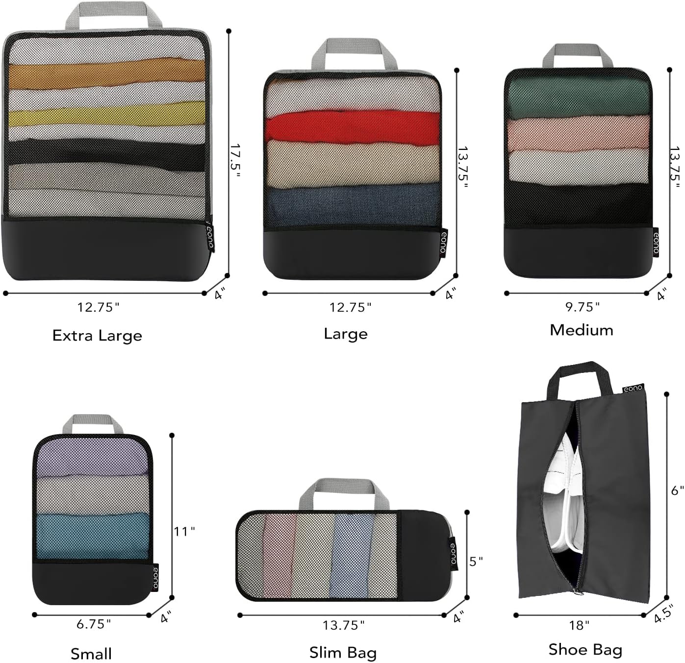 Thumbnail 1 de Eono by Amazon Komprimierbare Packwürfel – 6-teiliges Set zur Organisation von Gepäck, atmungsaktives Netzmaterial