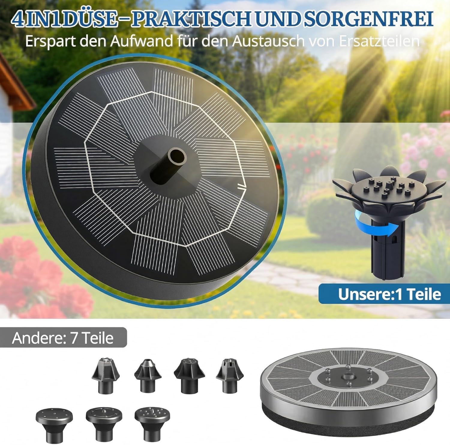 Thumbnail 2 de HOAMZ Solar Springbrunnen (1,8 W) mit 4-in-1 Düse – schwimmende Solar-Teichpumpe