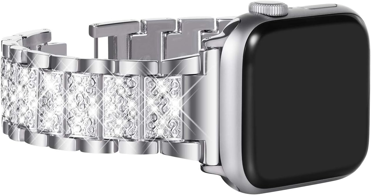 Detalle 2 de NewWays Sparkling Stainless Steel Link Bracelet Replacement Band for Apple Watch (38mm–42mm, Series 1–11/SE), Silver