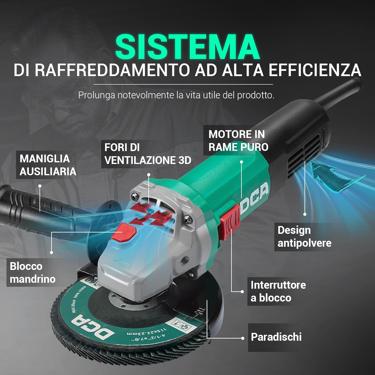 Thumbnail 5 de DCA Smerigliatrice Angolare 860W 125 mm 11.800 giri/min – corpo ultra-sottile da 1,6 kg con attacco M14